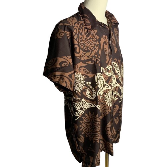 King Kameha Button Up Hawaiian Shirt XL Brown Polynesian Short Sleeve Pocket NEW - Picture 5 of 6